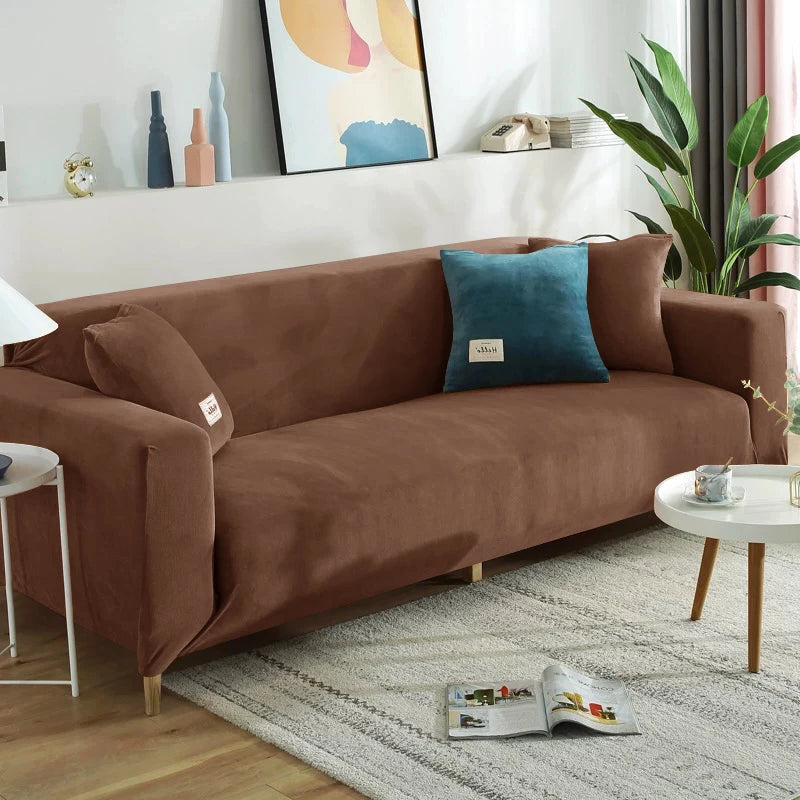 Housse de canapé extensible velours doux et chaleureux chocolat
