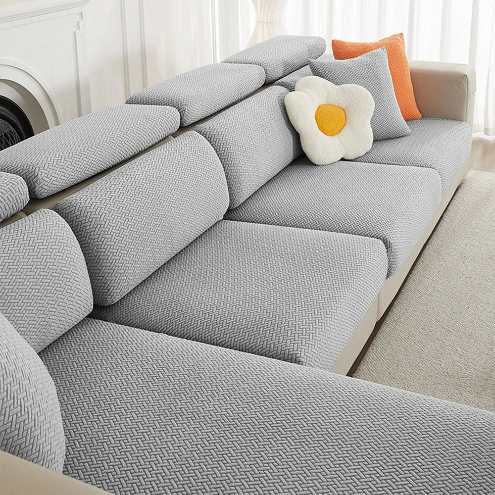 Housse de coussin extensible pour canapé velours damassé gris clair