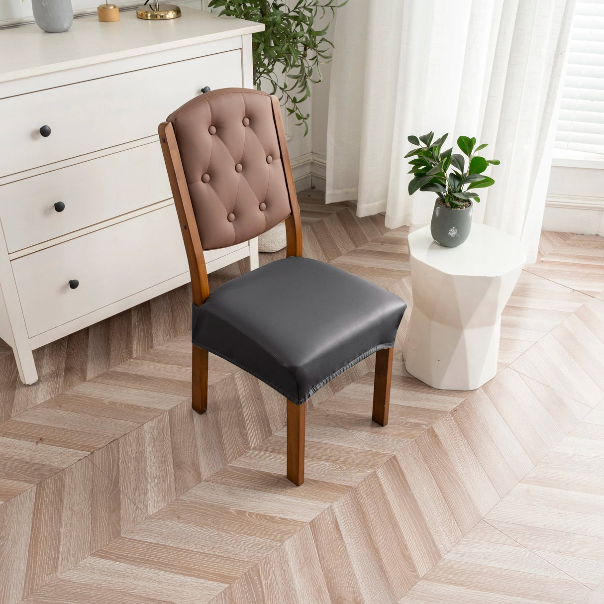 Housse pour assise de chaise simili cuir imperméable gris foncé