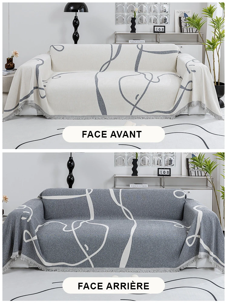 jété de canapé grande taille double face blanc gris