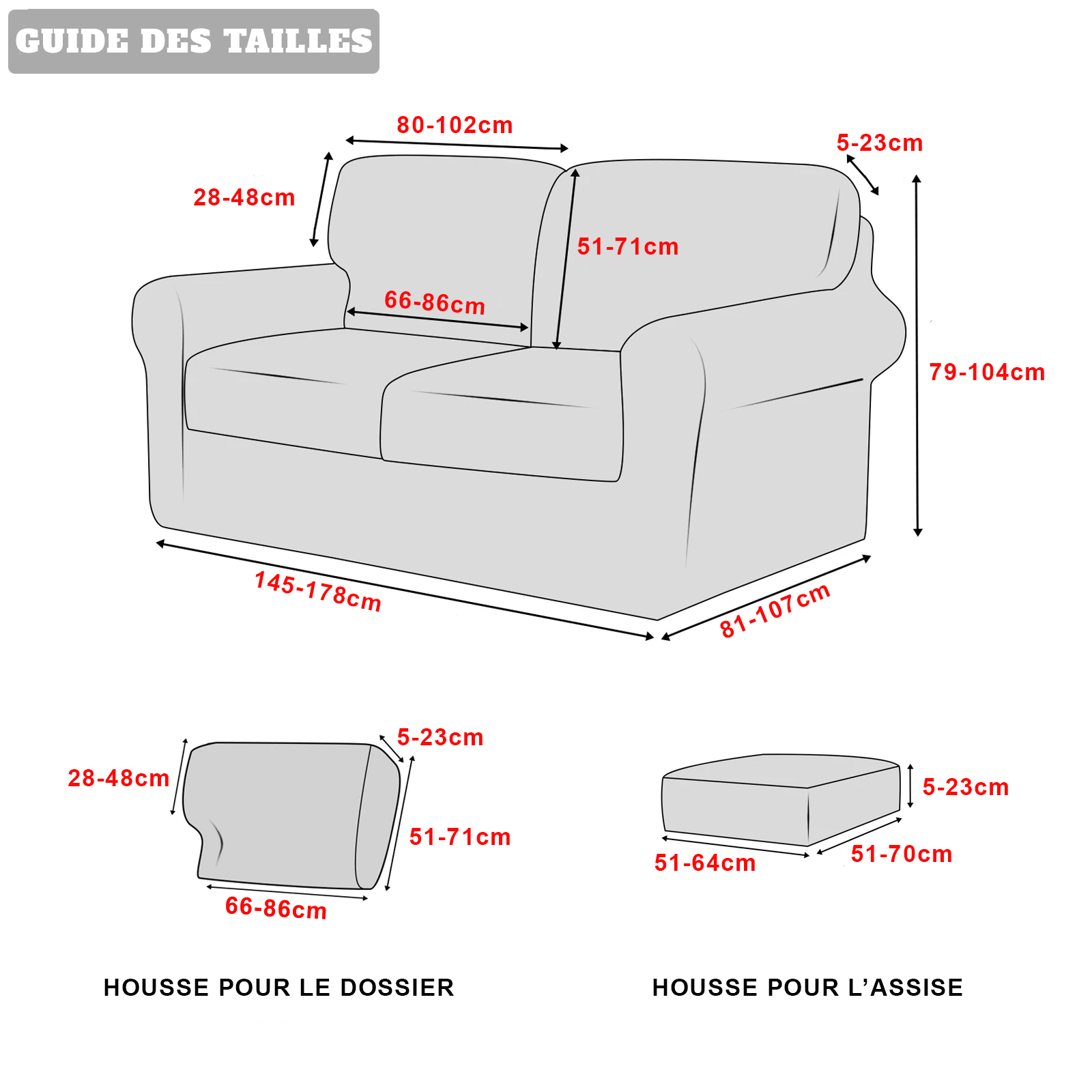 Guide des tailles housse canapé 2 places