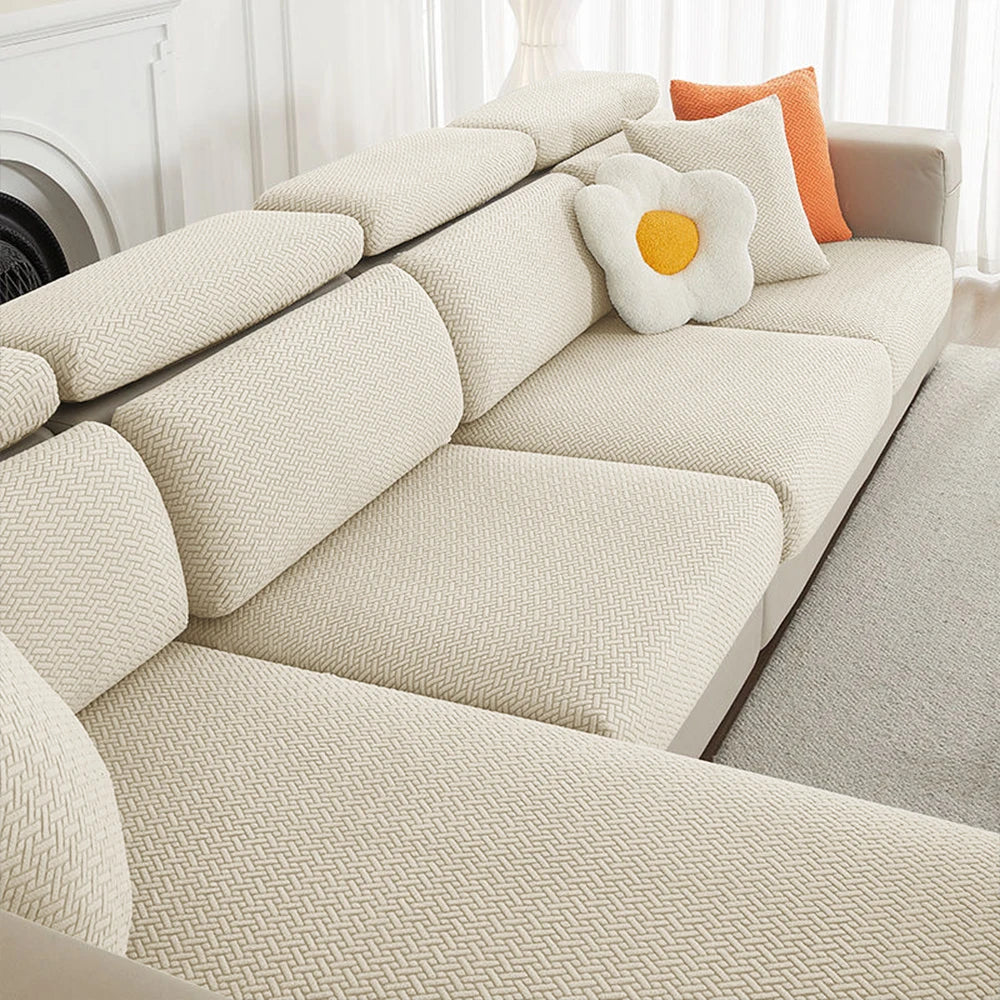 Housse de coussin extensible pour canapé velours damassé beige