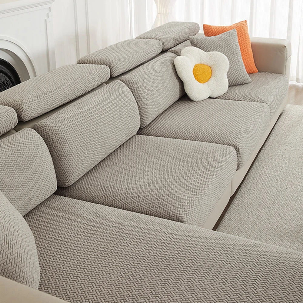 Housse de coussin extensible pour canapé velours damassé taupe