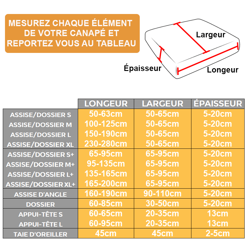 Guide des tailles housses de coussins de canapé extensible